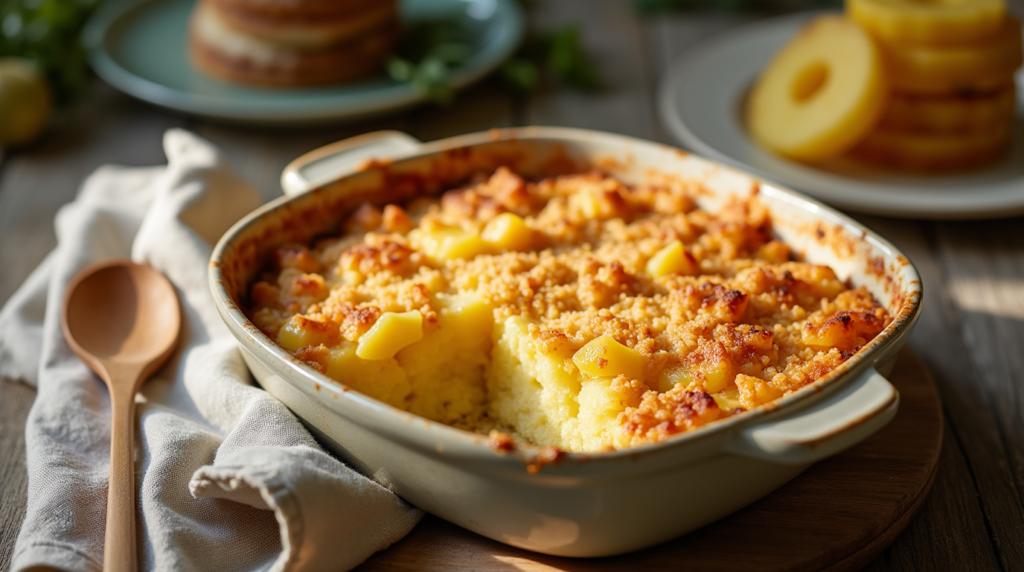 A baked pineapple casserole with cheddar cheese topping, served fresh out of the oven.