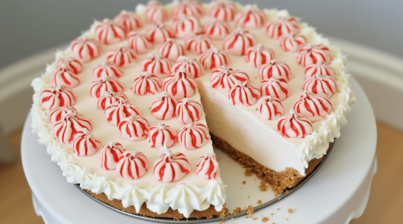 Christmas Peppermint Pie with red-and-white swirls, a chocolate cookie crust, and whipped cream topped with crushed peppermint candies
