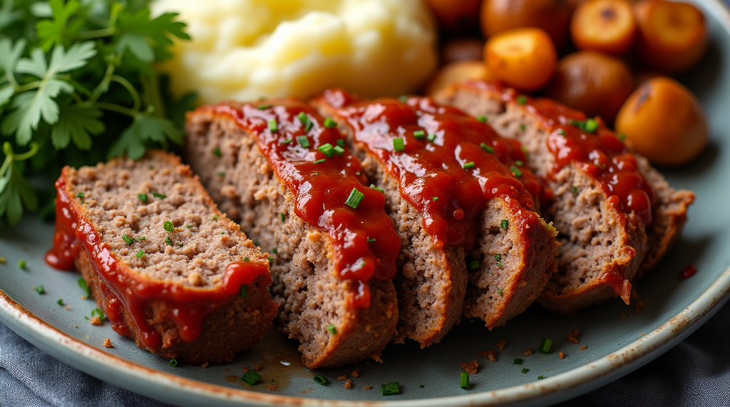 Classic Meatloaf with ketchup glaze served on a plate with mashed potatoes