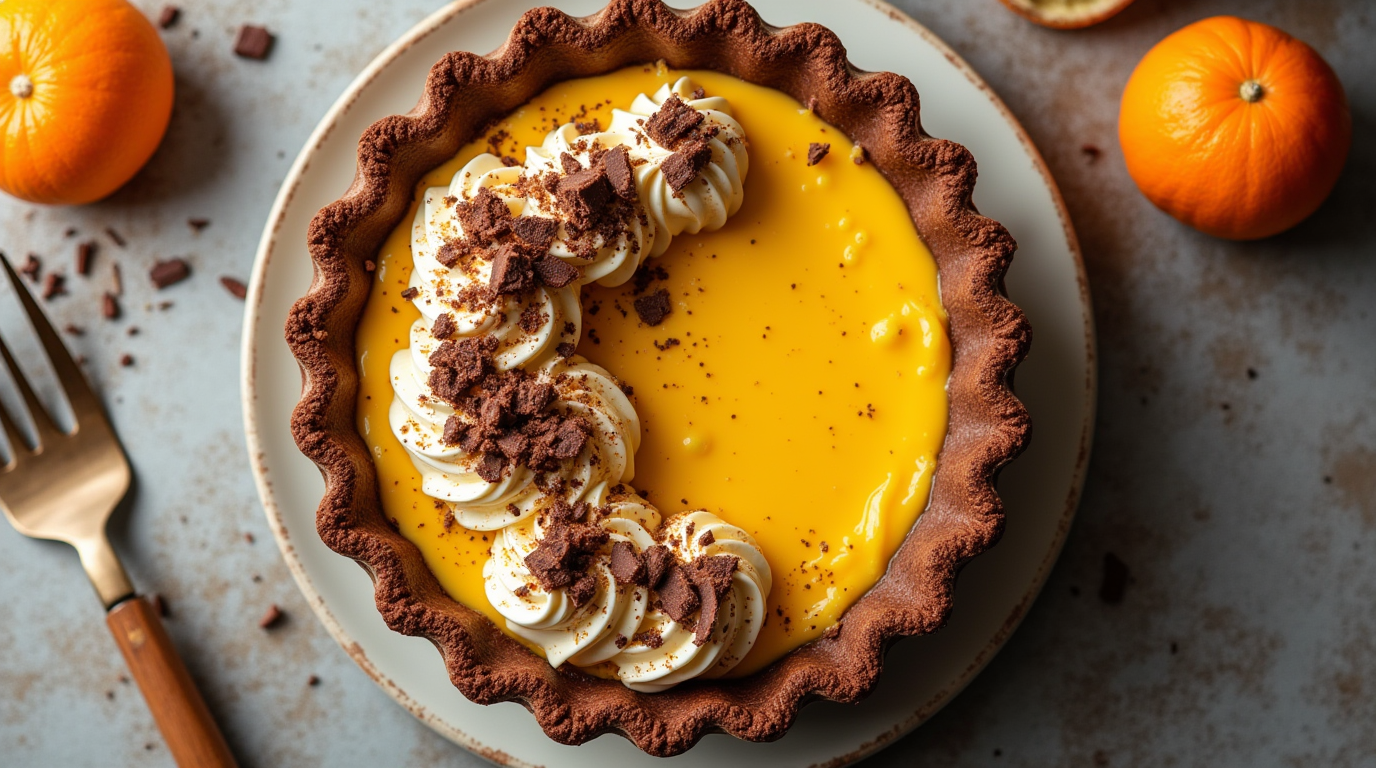 Chocolate Orange Custard Pie with Shaved Chocolate and Orange Slices