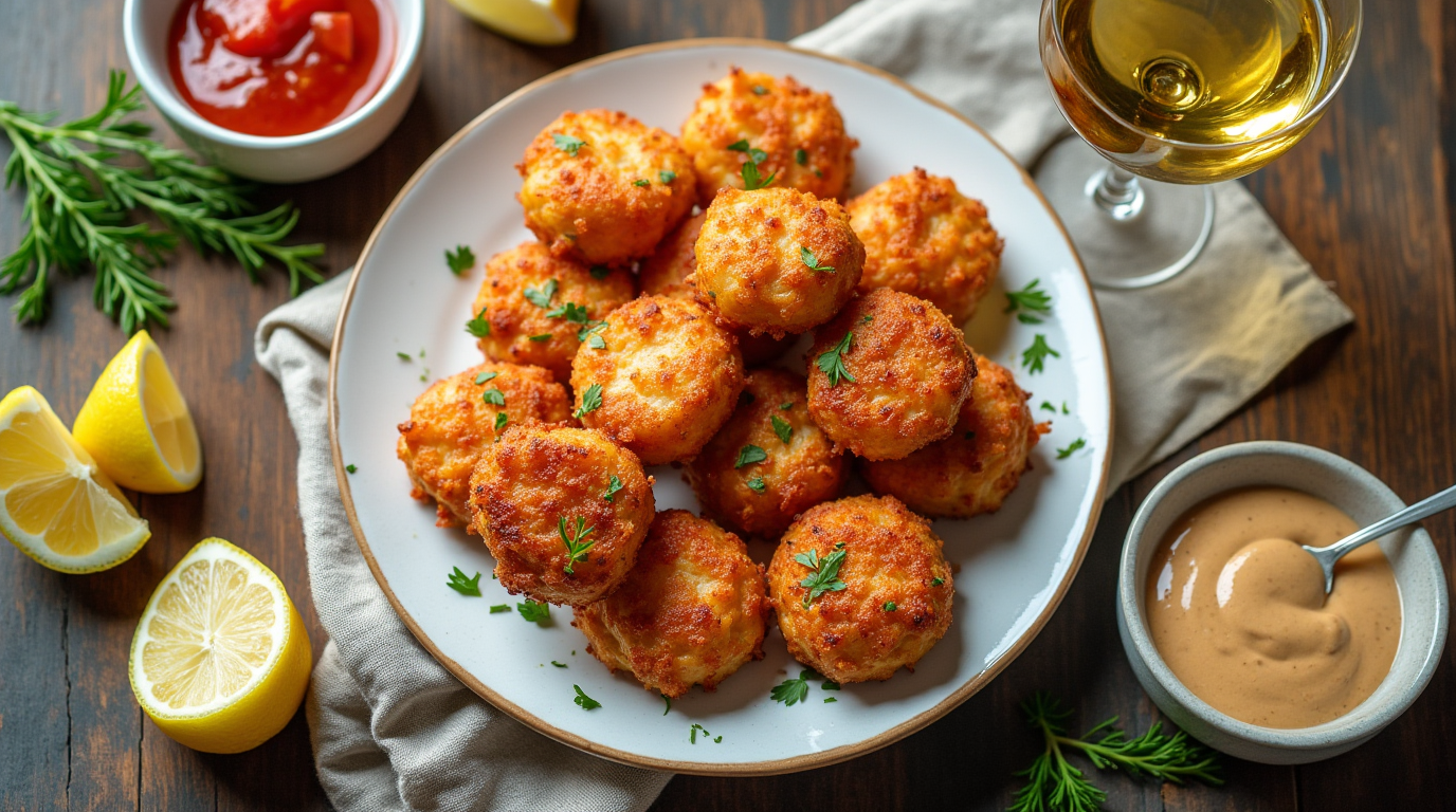 Bite-sized crispy salmon bites served with dipping sauce.