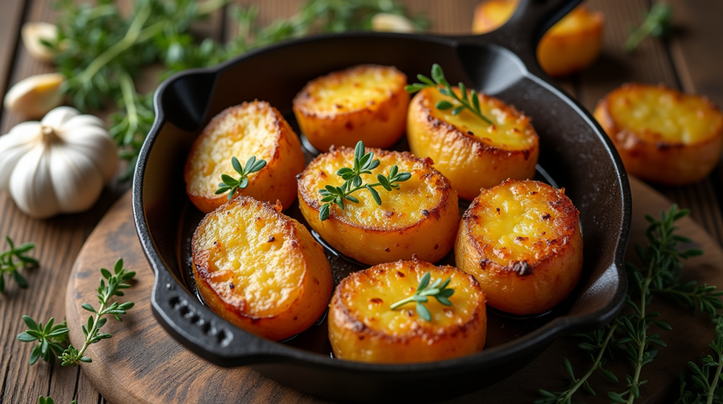 Golden fondant potatoes served with fresh herbs and a side of roasted chicken.