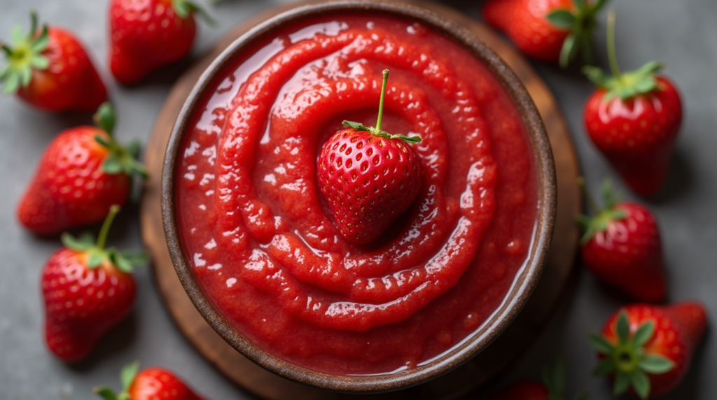 A bowl of homemade strawberry puree showing its vibrant red color.