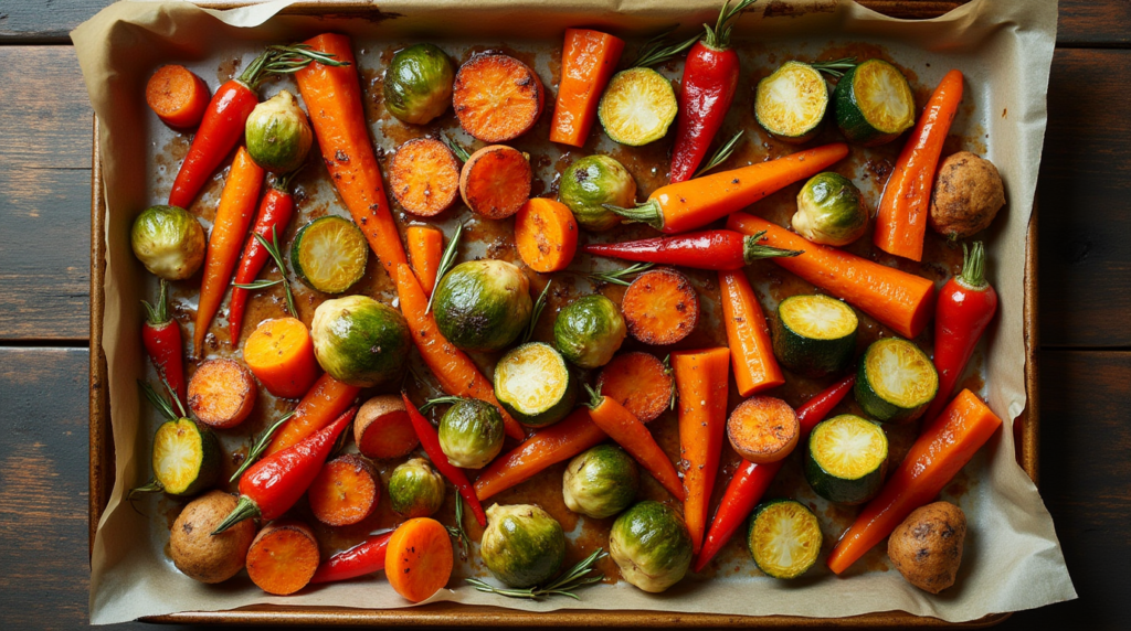 Perfectly roasted vegetables on a baking tray, including carrots, Brussels sprouts, and sweet potatoes.
