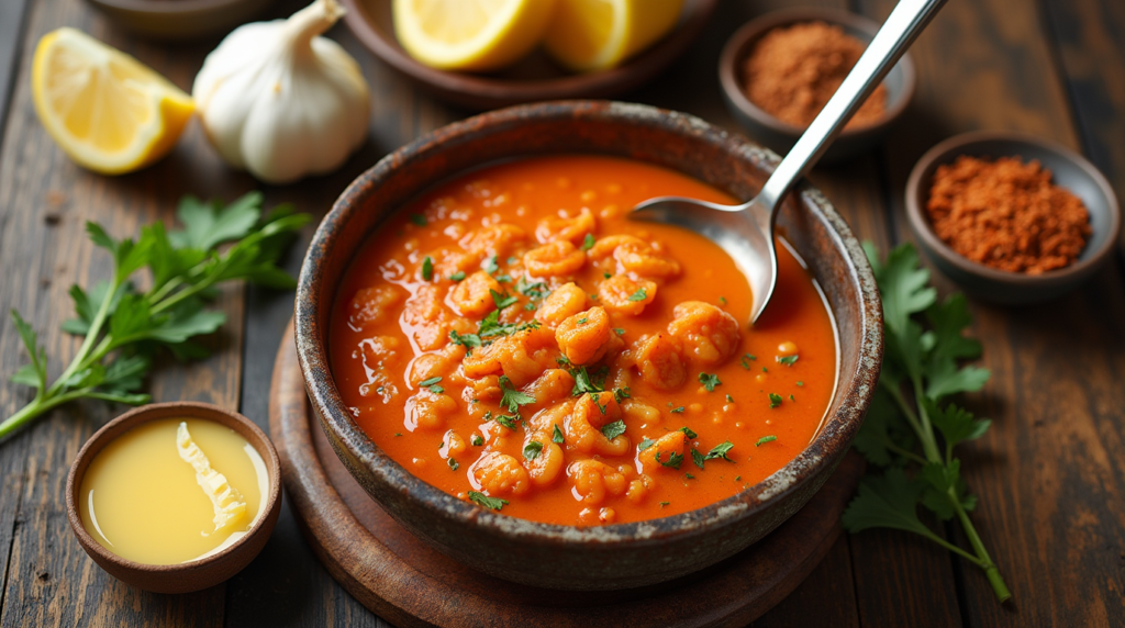 Seafood boil sauce with Cajun spices, butter, and garlic served in a rustic bowl