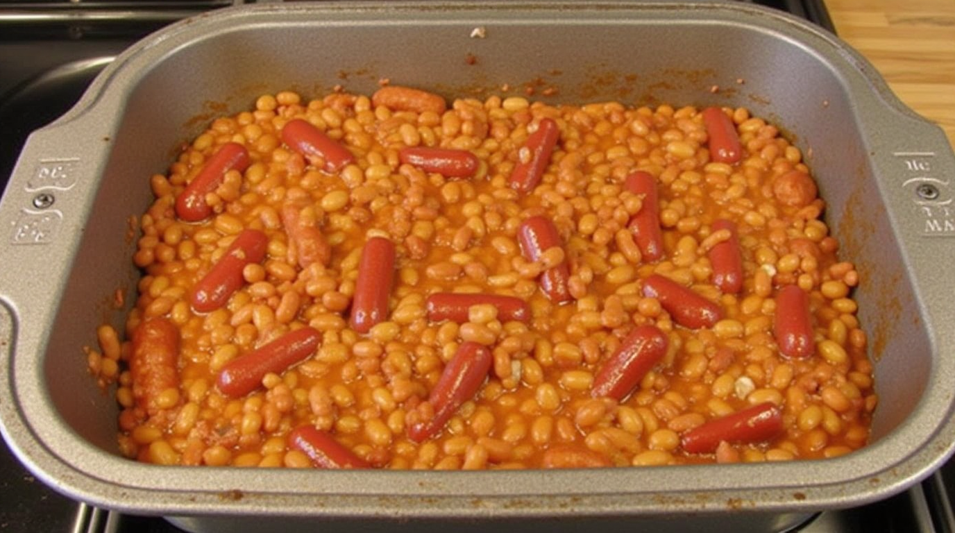 A hearty bowl of beanie weenies with tender beans and sliced hot dogs.