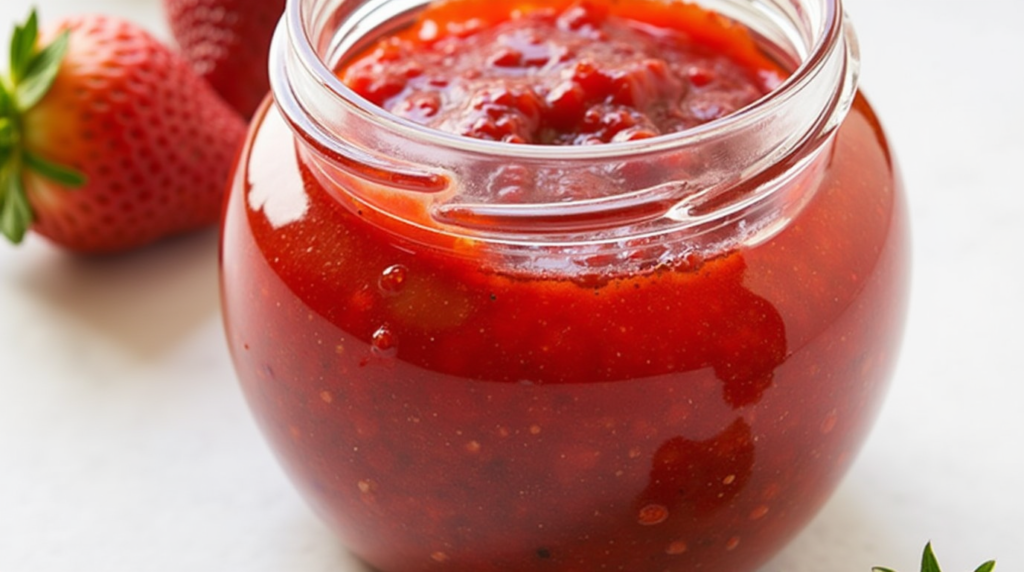 Homemade strawberry jam in a clear jar